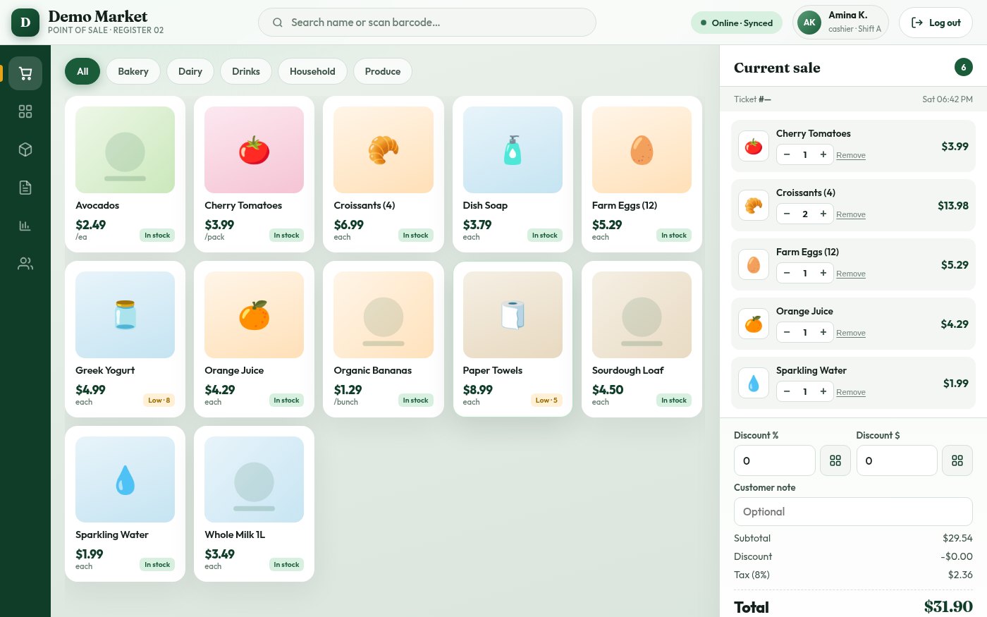 Point of sale checkout screen with product grid and current sale (demo store)