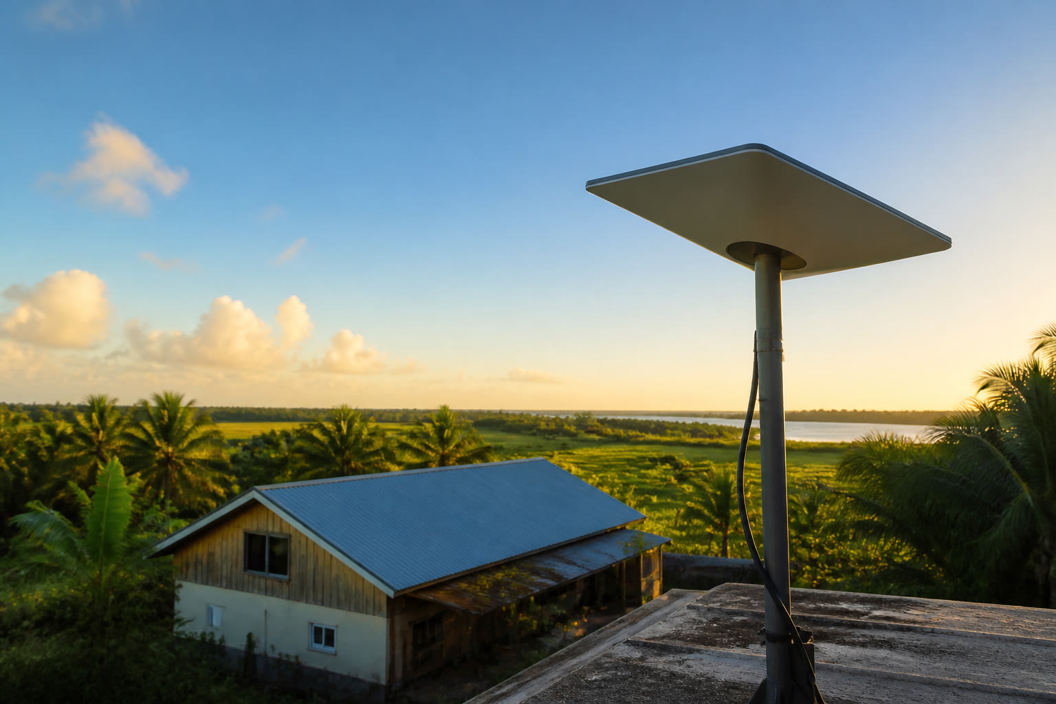 Starlink dish installed on a tropical rooftop